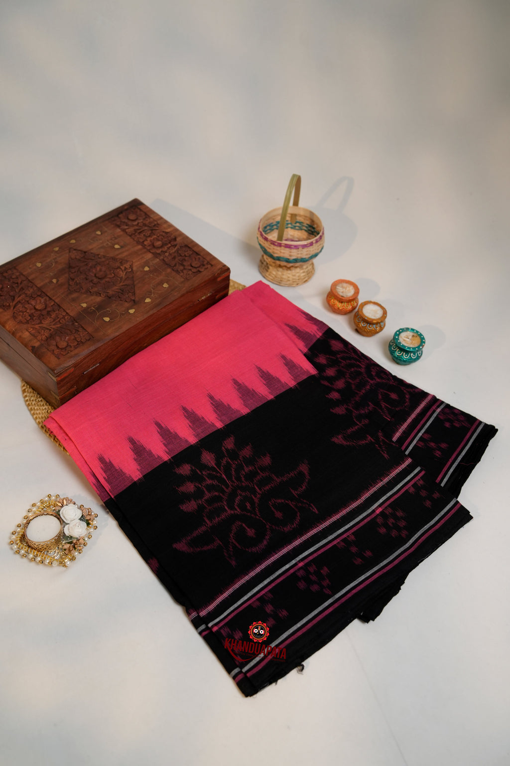 khanduapata Pink & Black Colour Pasapali Border Design Cotton Saree For Women | Grocsy