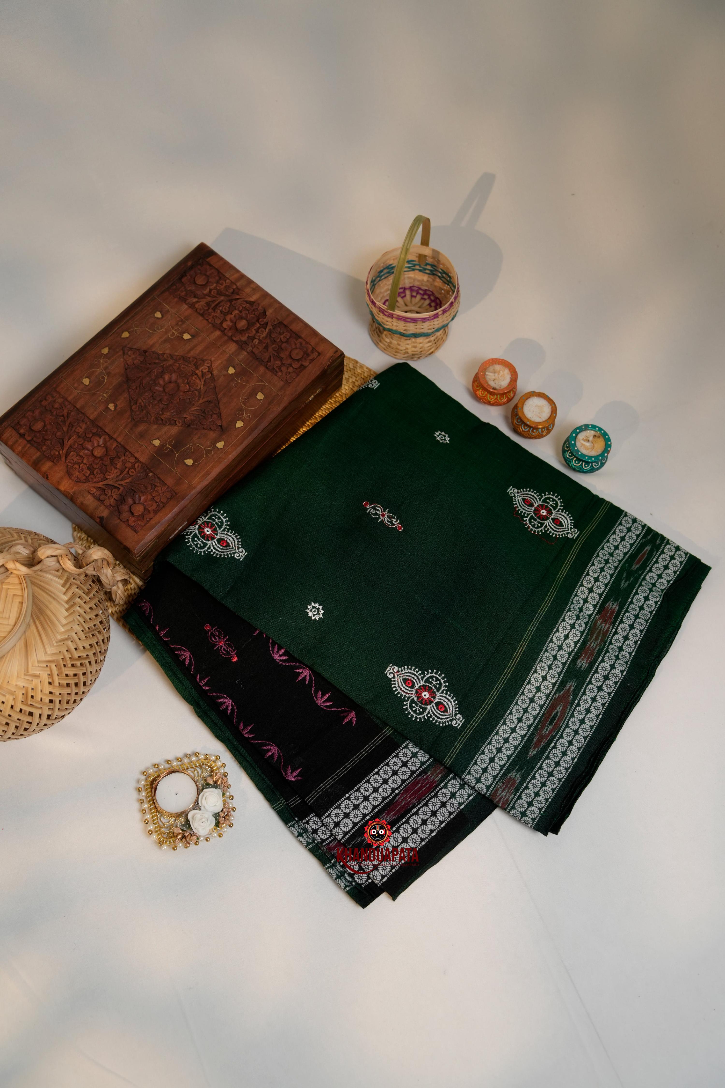 khanduapata Green & Black Embroidery Design Cotton Saree For Women | Grocsy