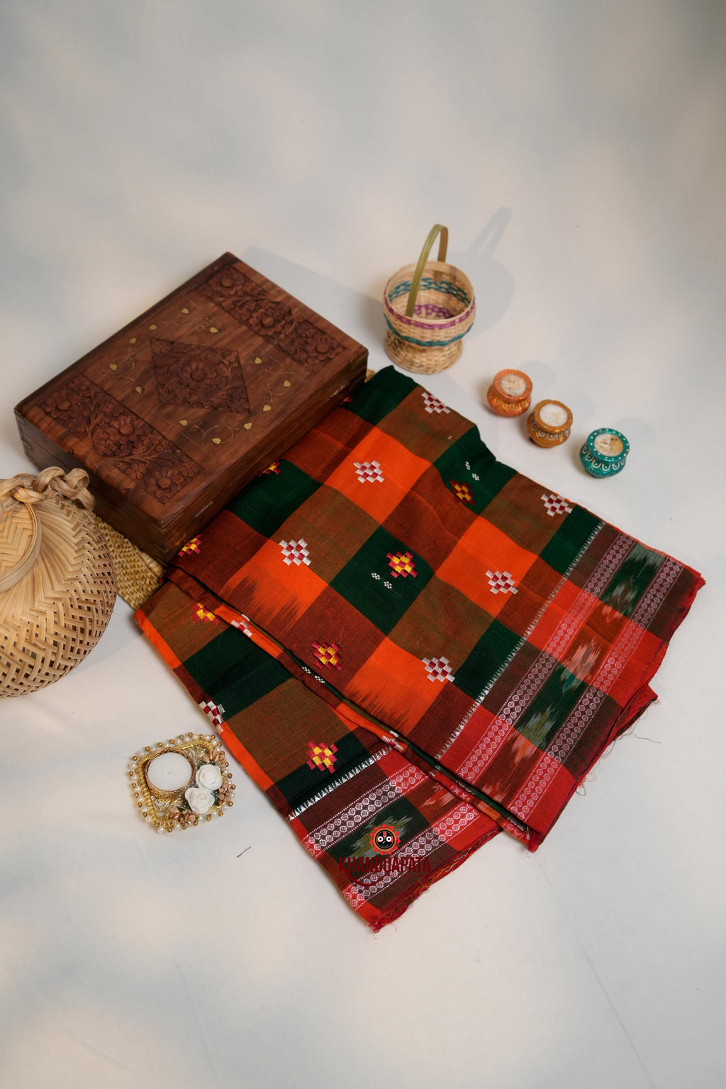 khanduapata Orange & Green Colour Check Design Cotton Saree For Women | Grocsy