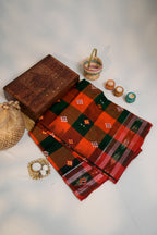 khanduapata Orange & Green Colour Check Design Cotton Saree For Women | Grocsy