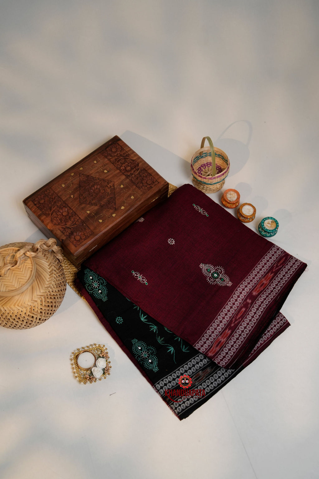 khanduapata Maroon & Green Colour Design Cotton Saree For Women | Grocsy