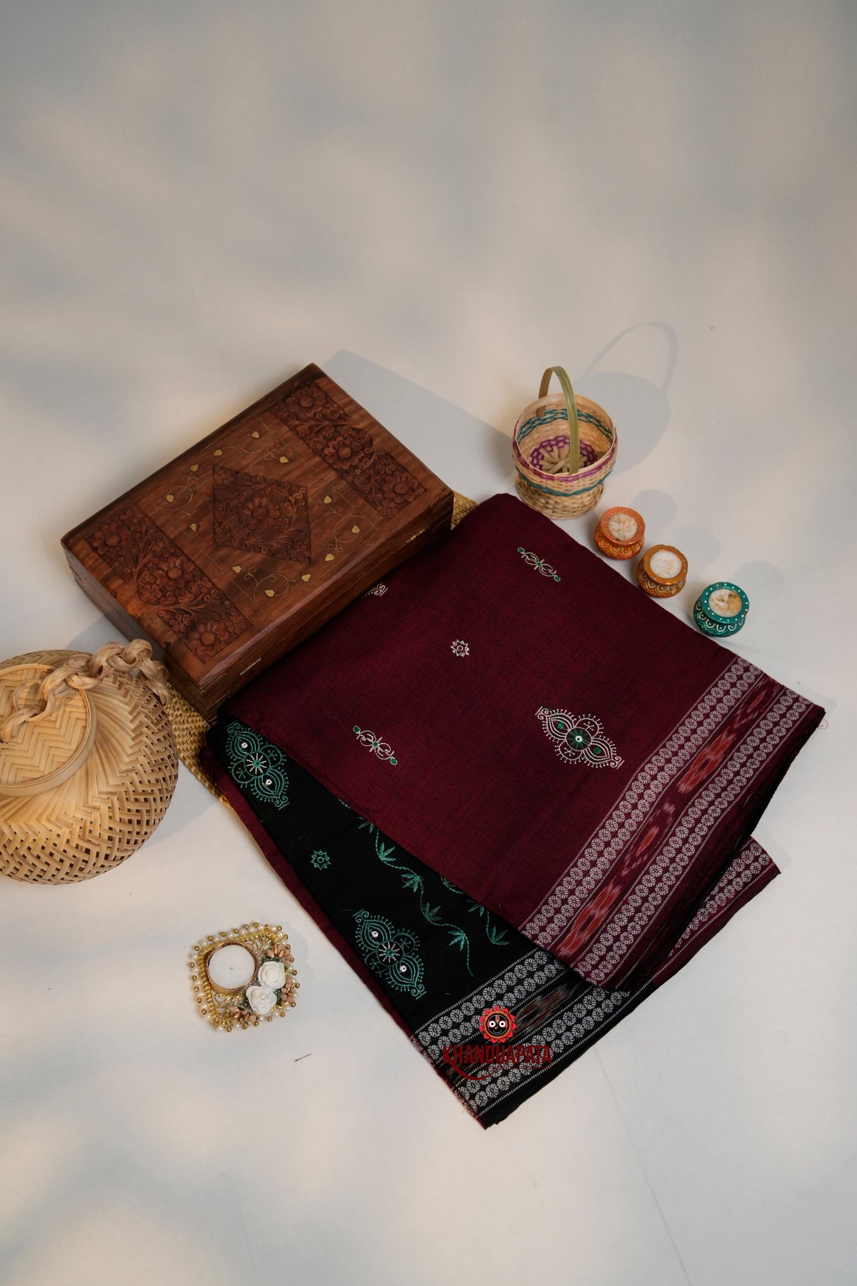 khanduapata Maroon & Green Colour Design Cotton Saree For Women | Grocsy