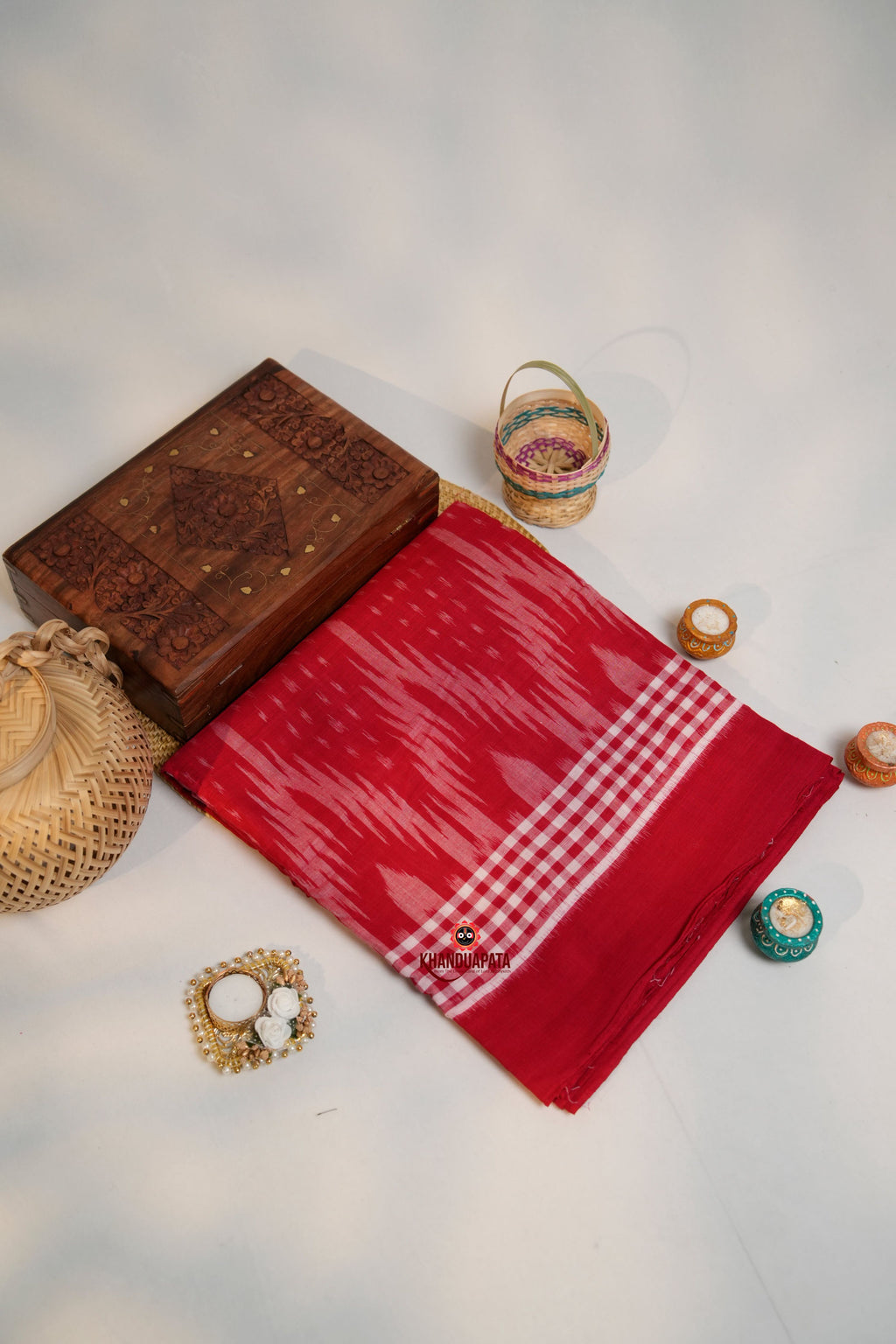khanduapata Red & White Colour Pasapali Border Cotton Saree For Women | Grocsy