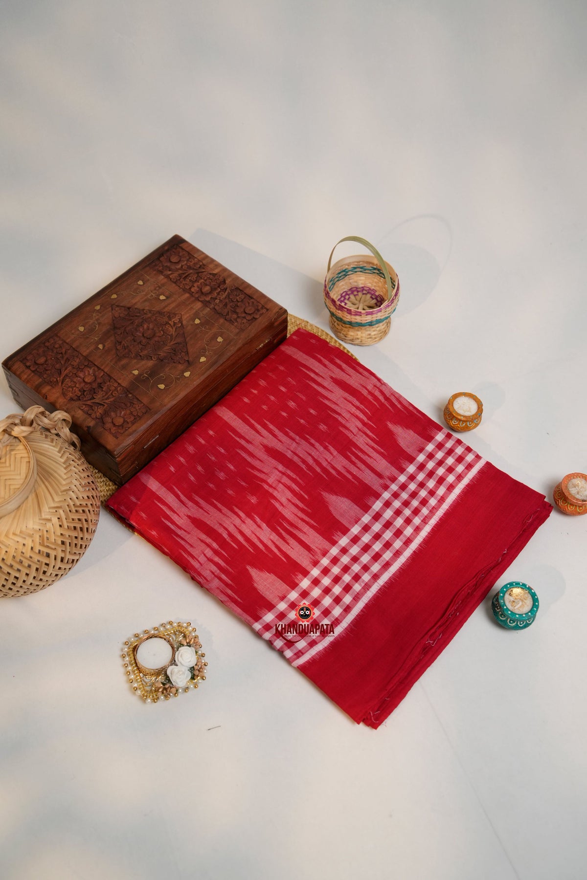 khanduapata Red & White Colour Pasapali Border Cotton Saree For Women | Grocsy