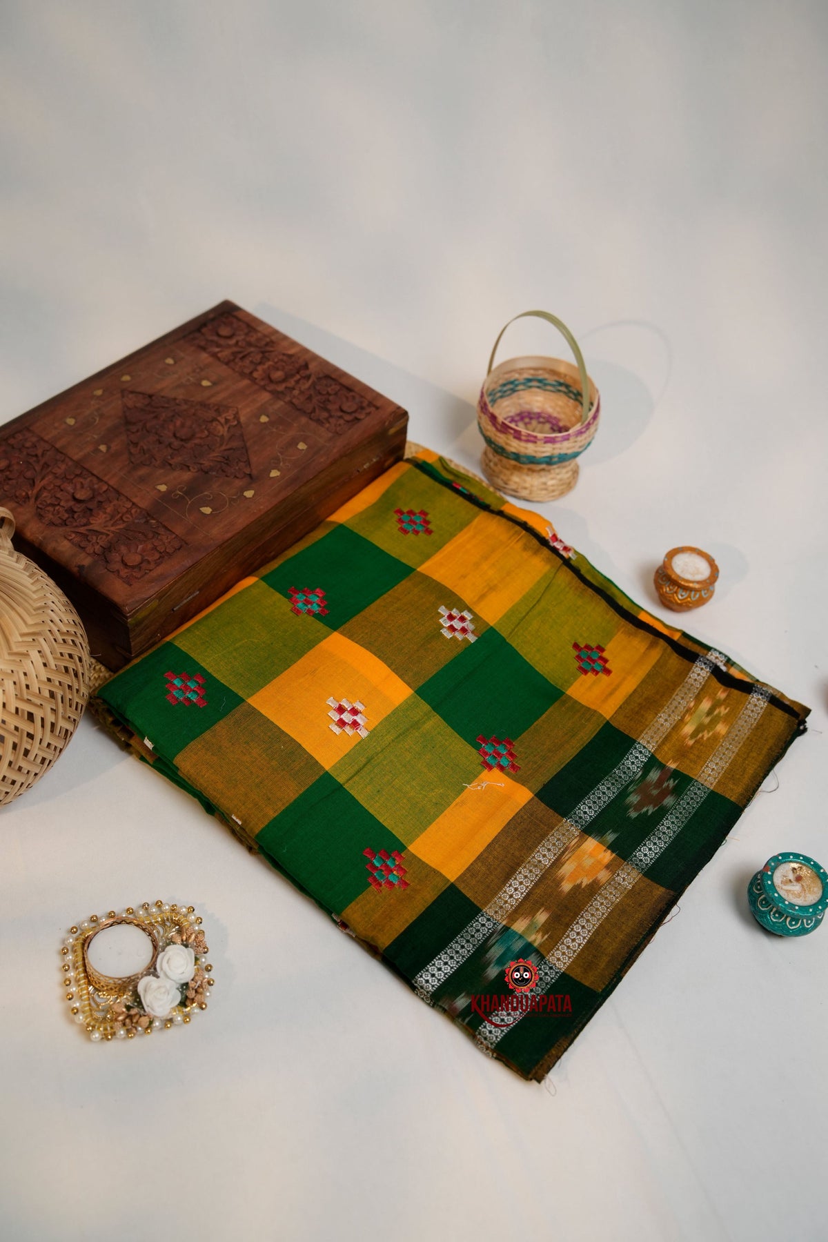 khanduapata Green & Orange Colour Check Design Cotton Saree For Women | Grocsy