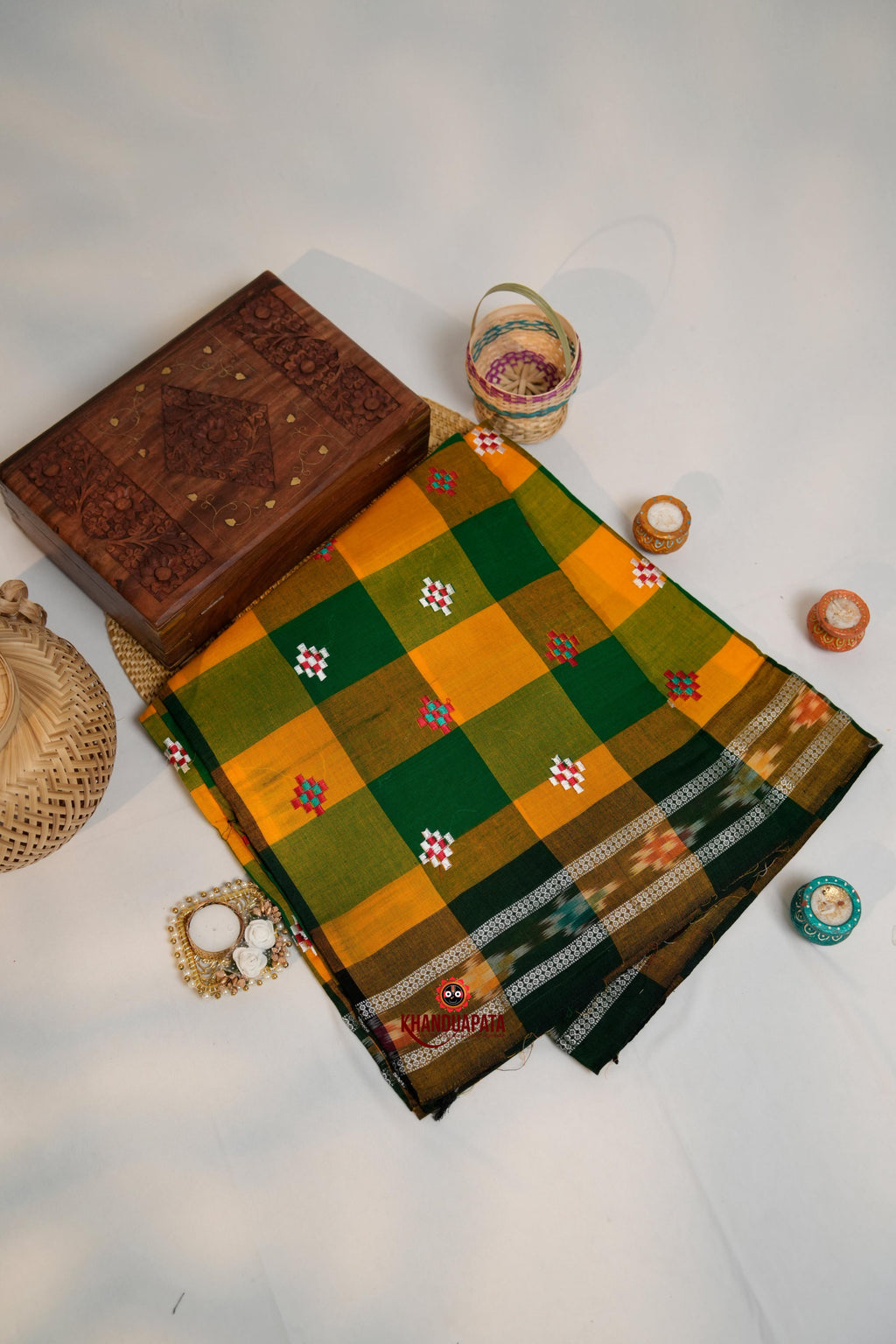 khanduapata Green & Orange Colour Check Design Cotton Saree For Women | Grocsy