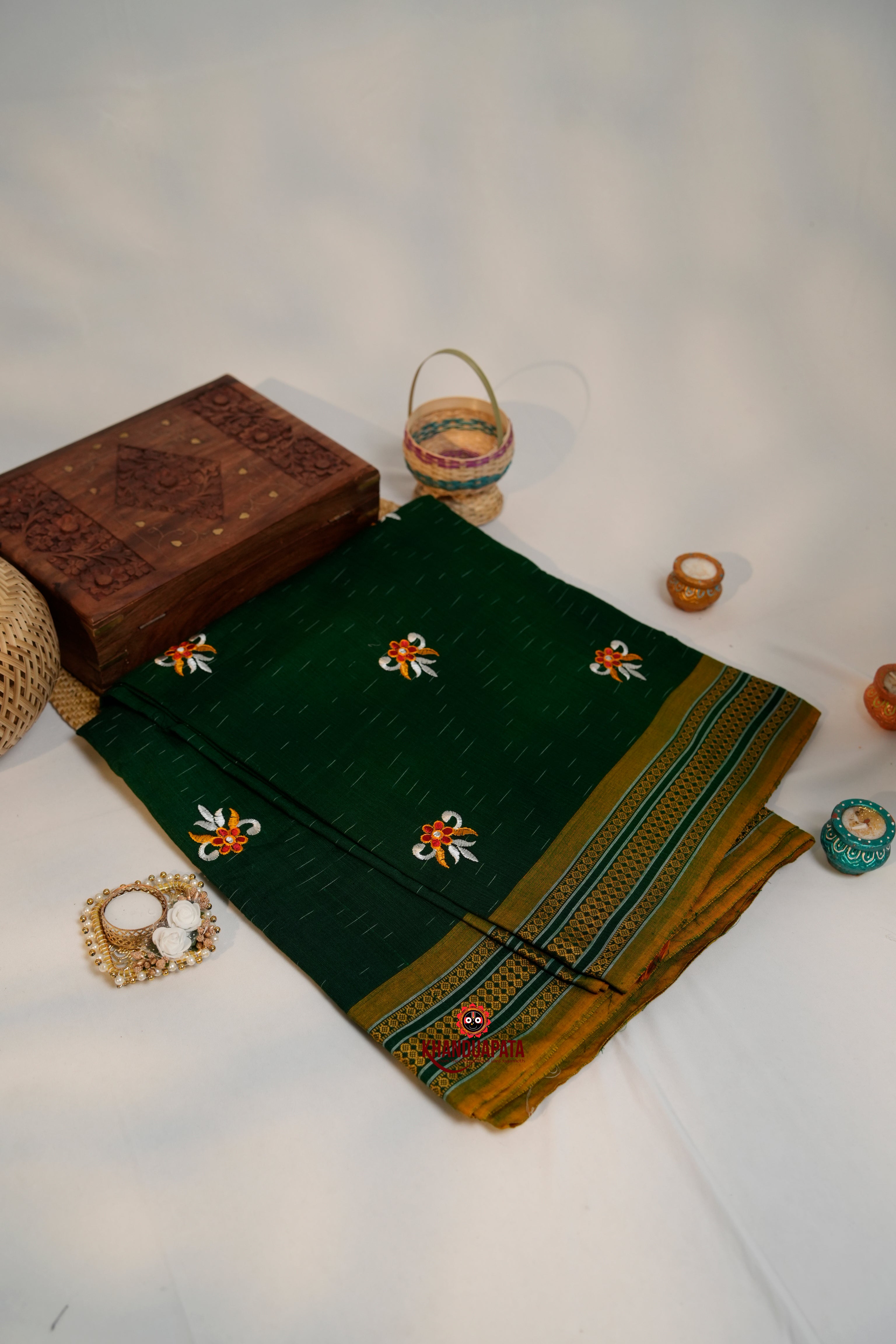 khanduapata Green Colour Flower Design Cotton Saree For Women | Grocsy