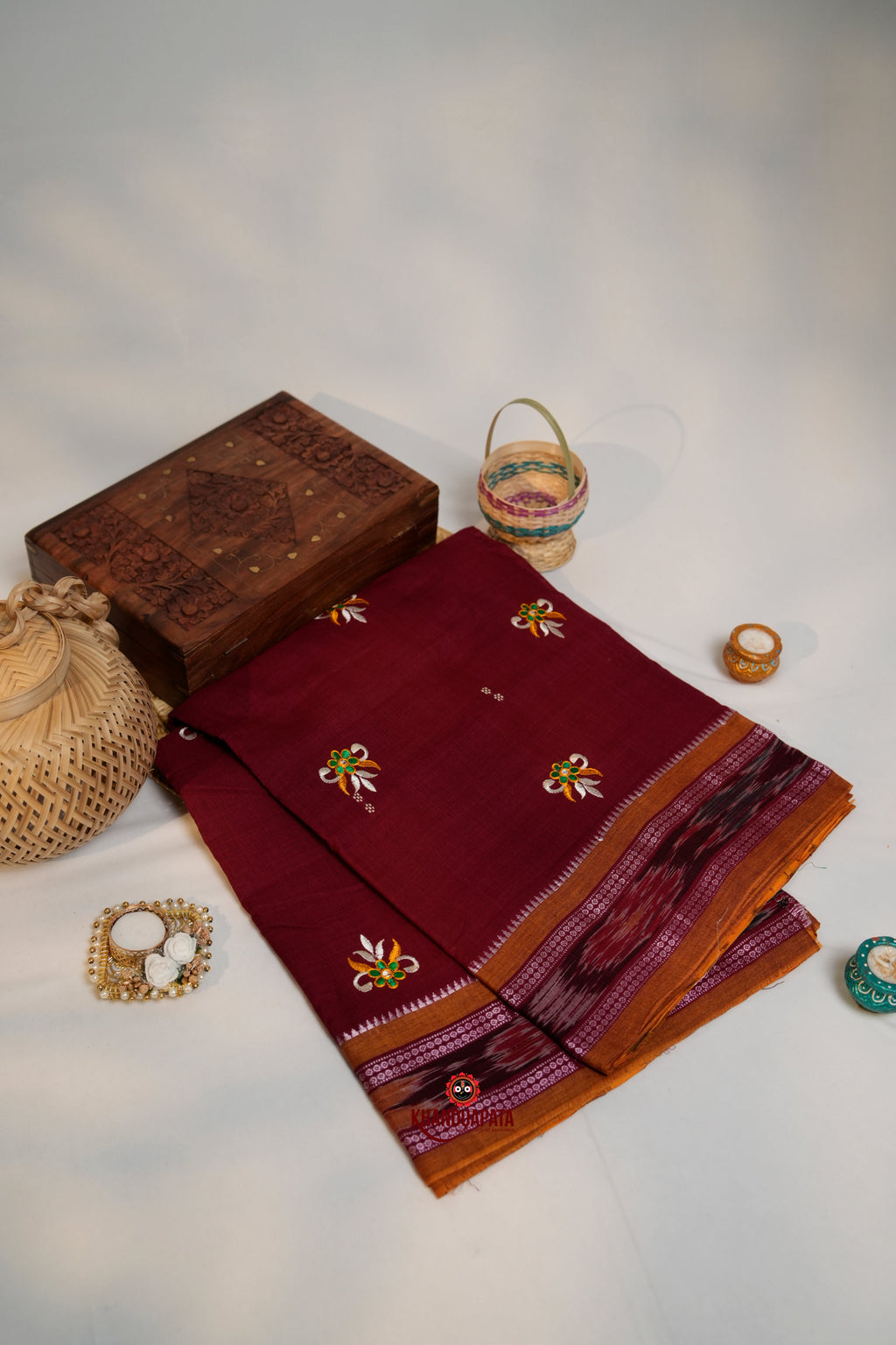 khanduapata Maroon Colour Flower Design Cotton Saree For Women | Grocsy