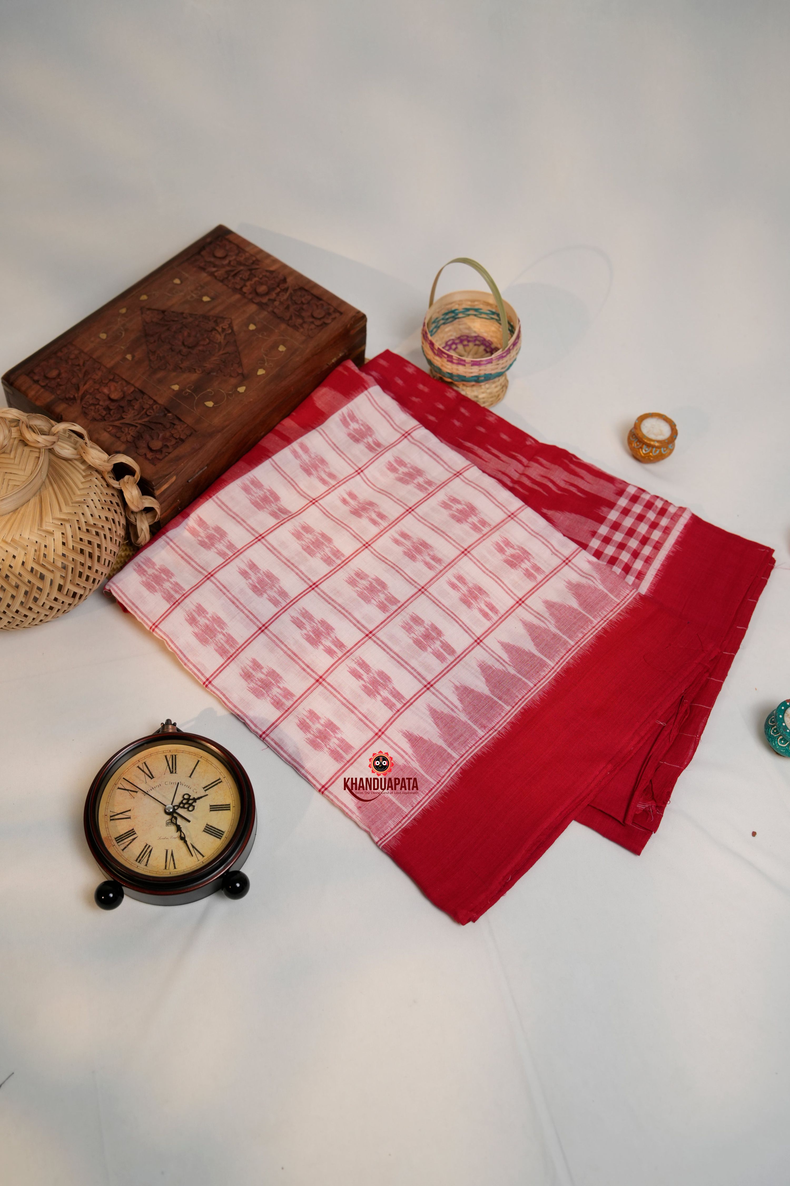 khanduapata Red & White Colour Pasapali Border Cotton Saree For Women | Grocsy