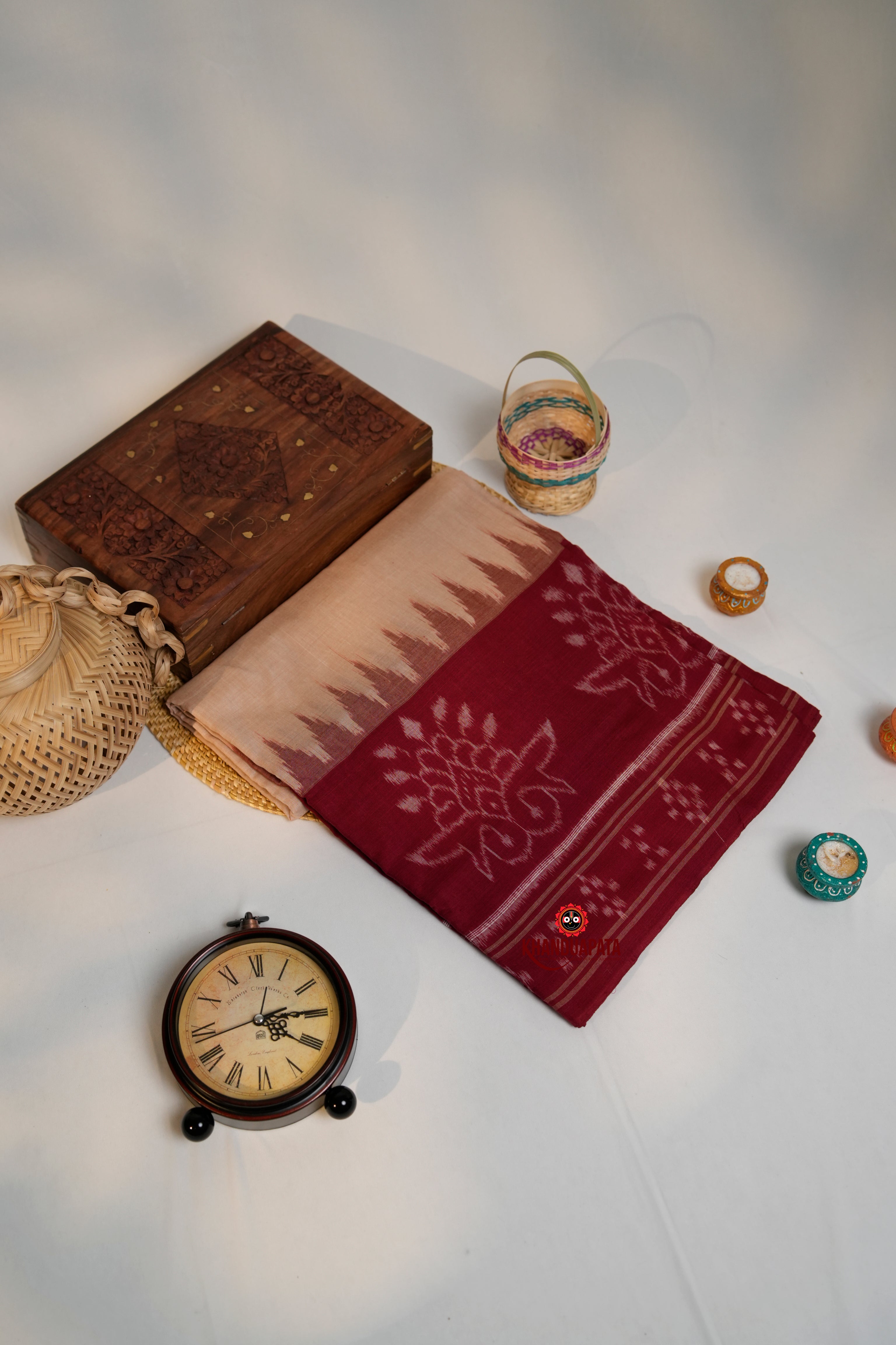 khanduapata Brown & Red Plain Pasapali Border Cotton Saree For Women | Grocsy