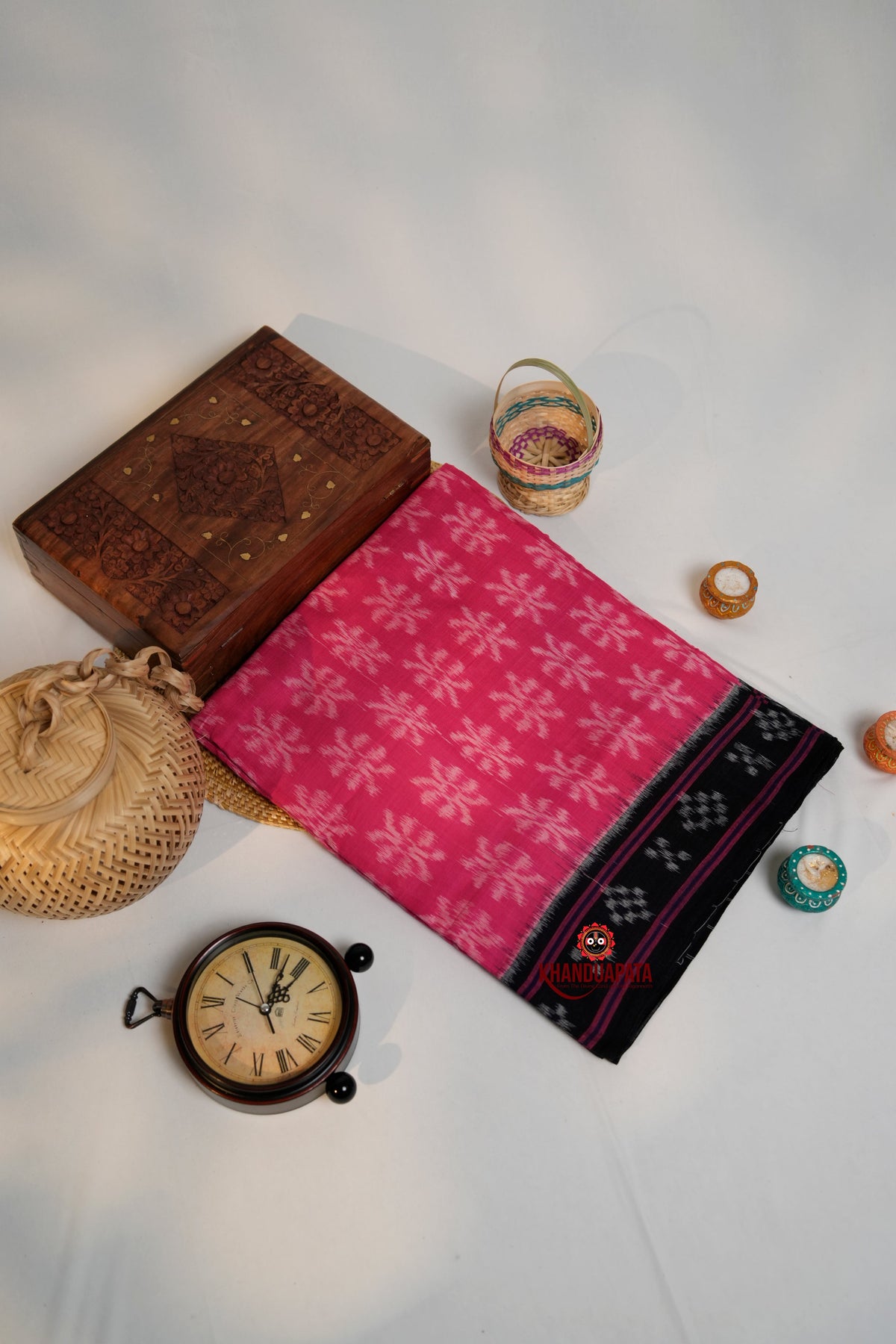 khanduapata Pink & Black Colour Flower Design Cotton Saree For Women | Grocsy