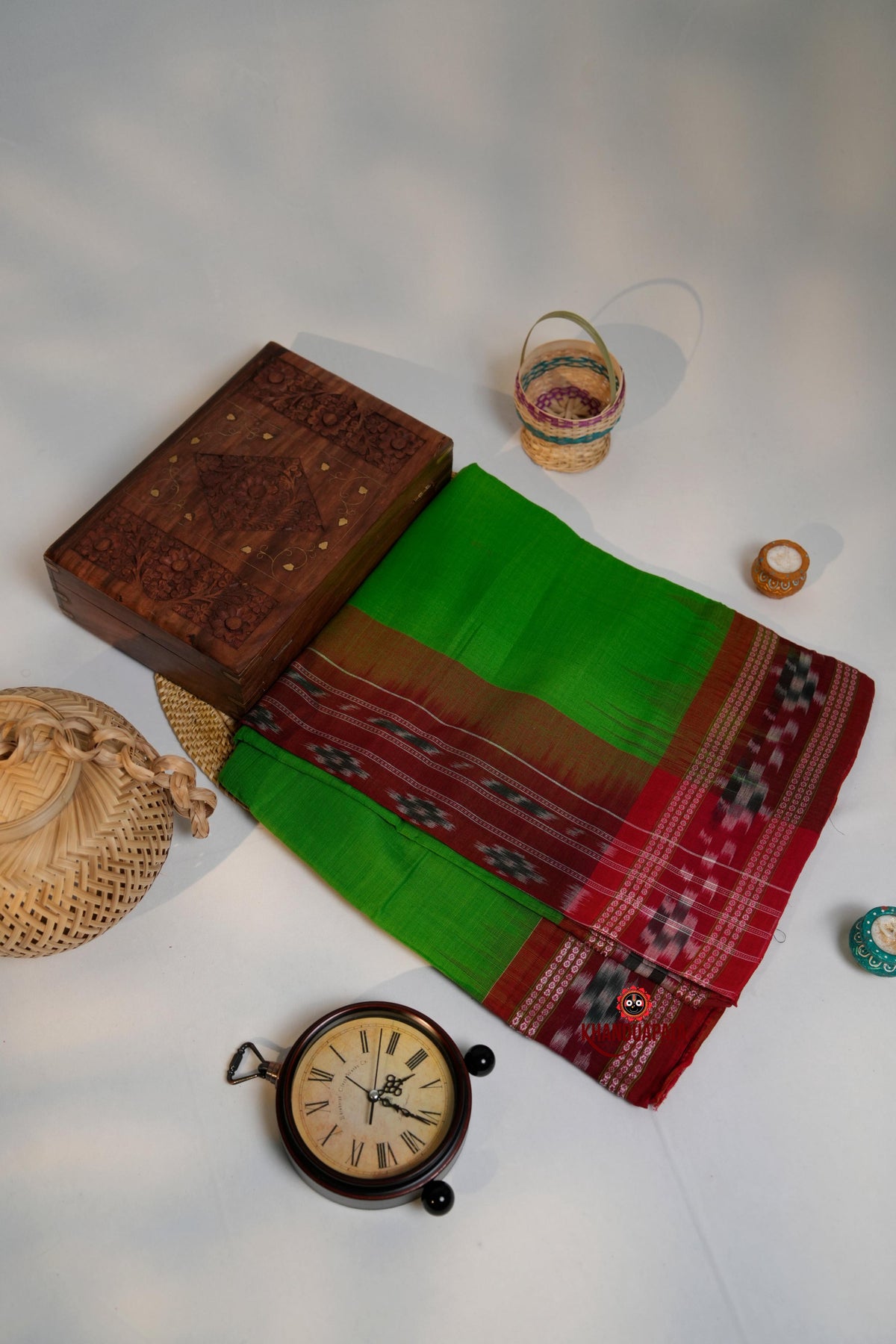khanduapata Green & Maroon Colour Dot Design Cotton Saree For Women | Grocsy
