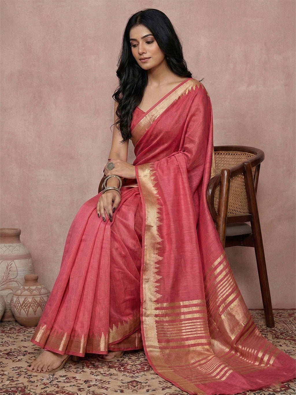 Anaita Coral Cotton Saree With Blouse | Grocsy
