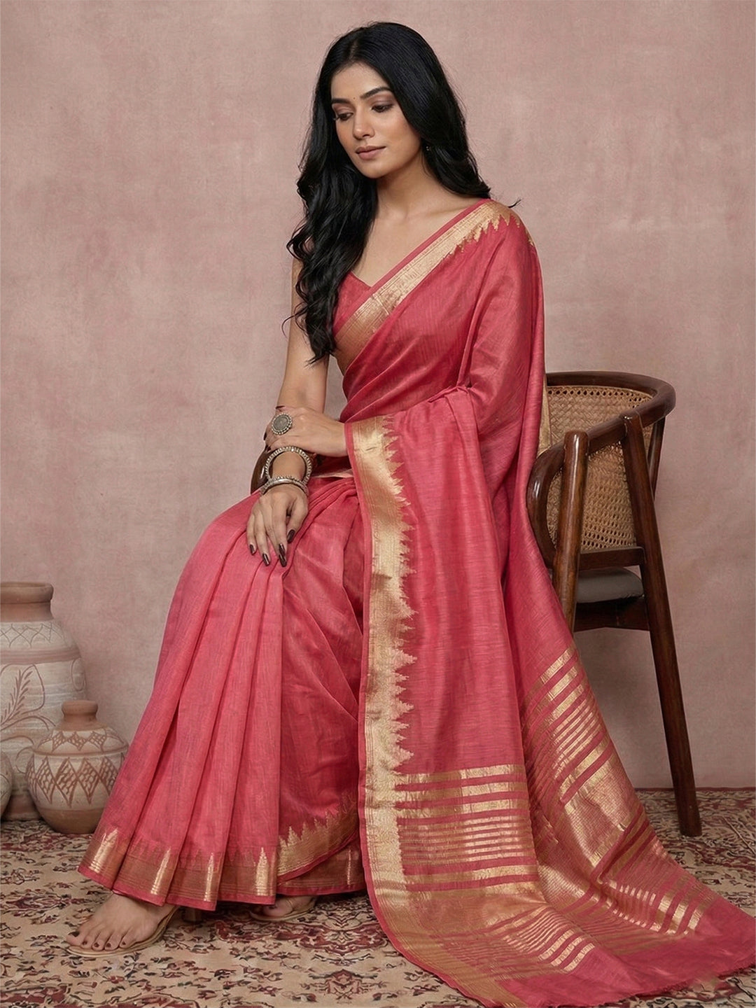 Anaita Coral Cotton Saree With Blouse | Grocsy