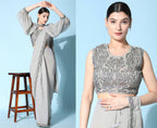 Grey Fancy Pure Fabric Plain Ready to wear Saree with stitched Blouse - Vrinda | Grocsy