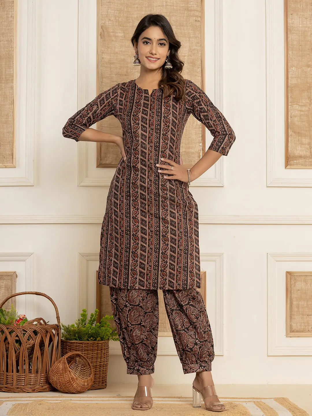 Yufta Cotton Black Workwear Kurta Set With Comfortable Harem Pants | Grocsy