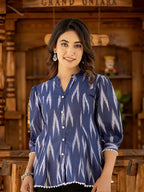 Yufta Cotton Blue Ikat Print Puffed Sleeve Tops | Grocsy