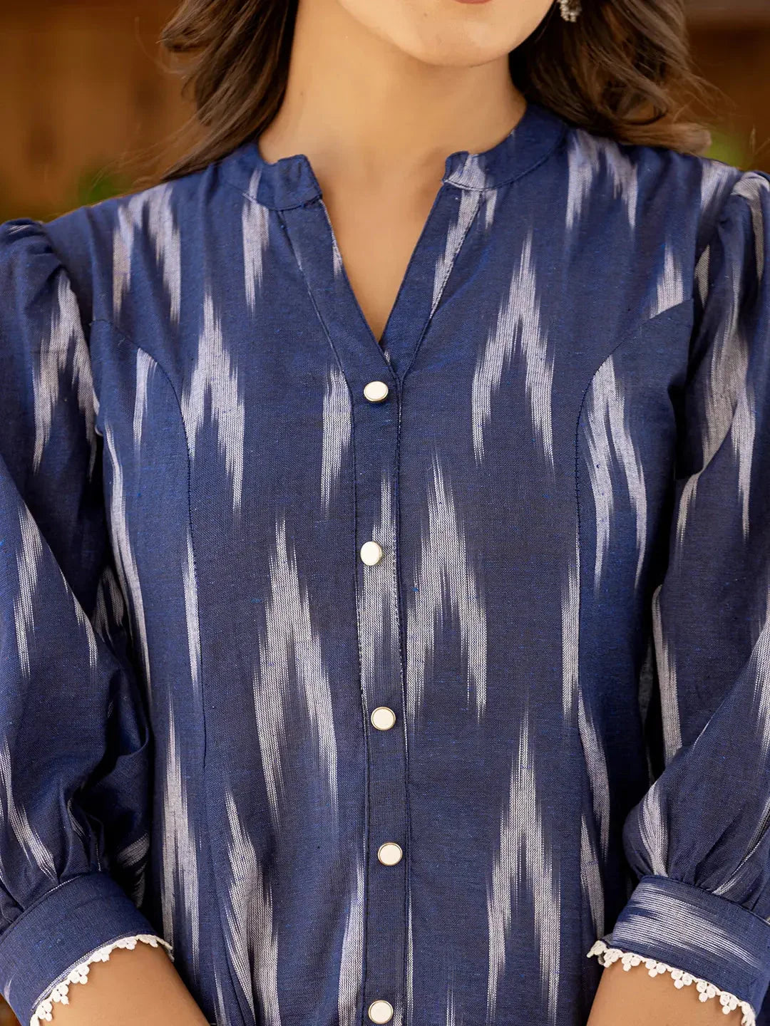 Yufta Cotton Blue Ikat Print Puffed Sleeve Tops | Grocsy