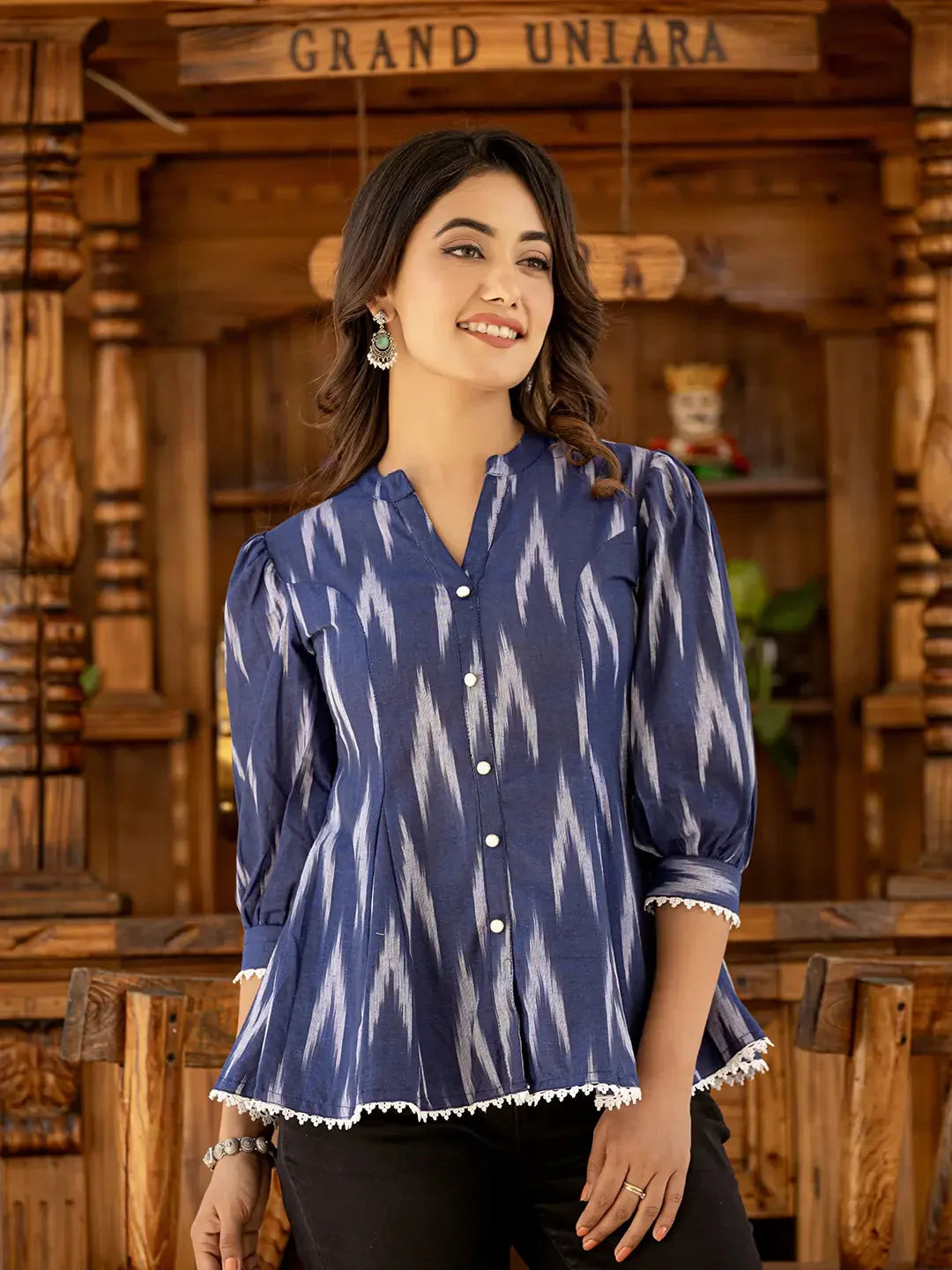 Yufta Cotton Blue Ikat Print Puffed Sleeve Tops | Grocsy