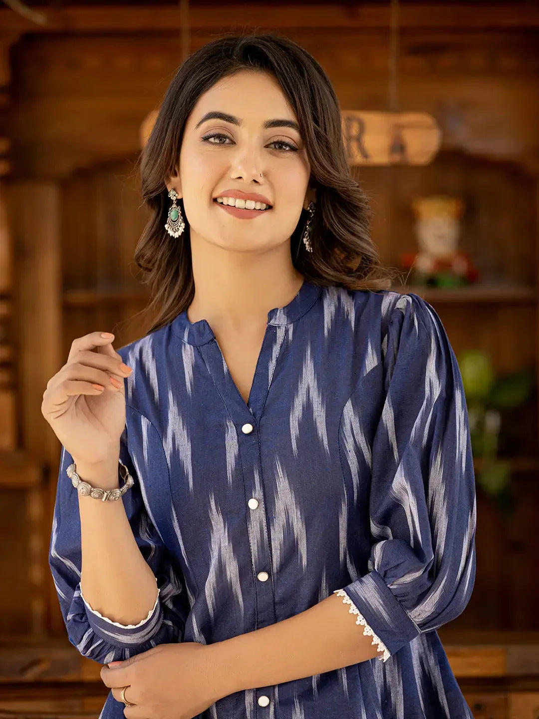 Yufta Cotton Blue Ikat Print Puffed Sleeve Tops | Grocsy