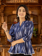 Yufta Cotton Blue Ikat Print Puffed Sleeve Tops | Grocsy