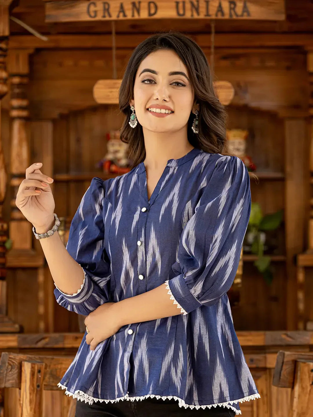 Yufta Cotton Blue Ikat Print Puffed Sleeve Tops | Grocsy