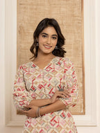 Yufta Cotton Cream Geometric Print Co-Ord Set | Grocsy