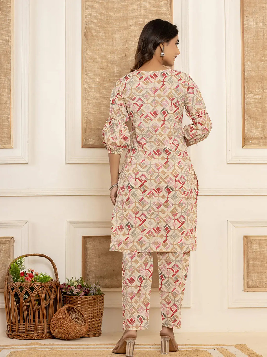 Yufta Cotton Cream Geometric Print Co-Ord Set | Grocsy