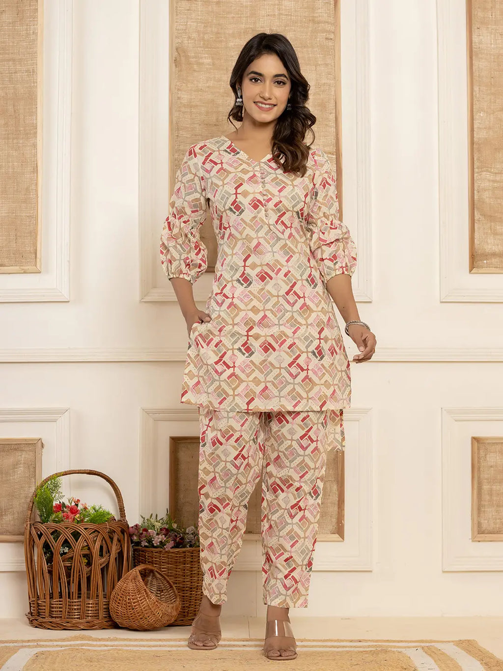 Yufta Cotton Cream Geometric Print Co-Ord Set | Grocsy