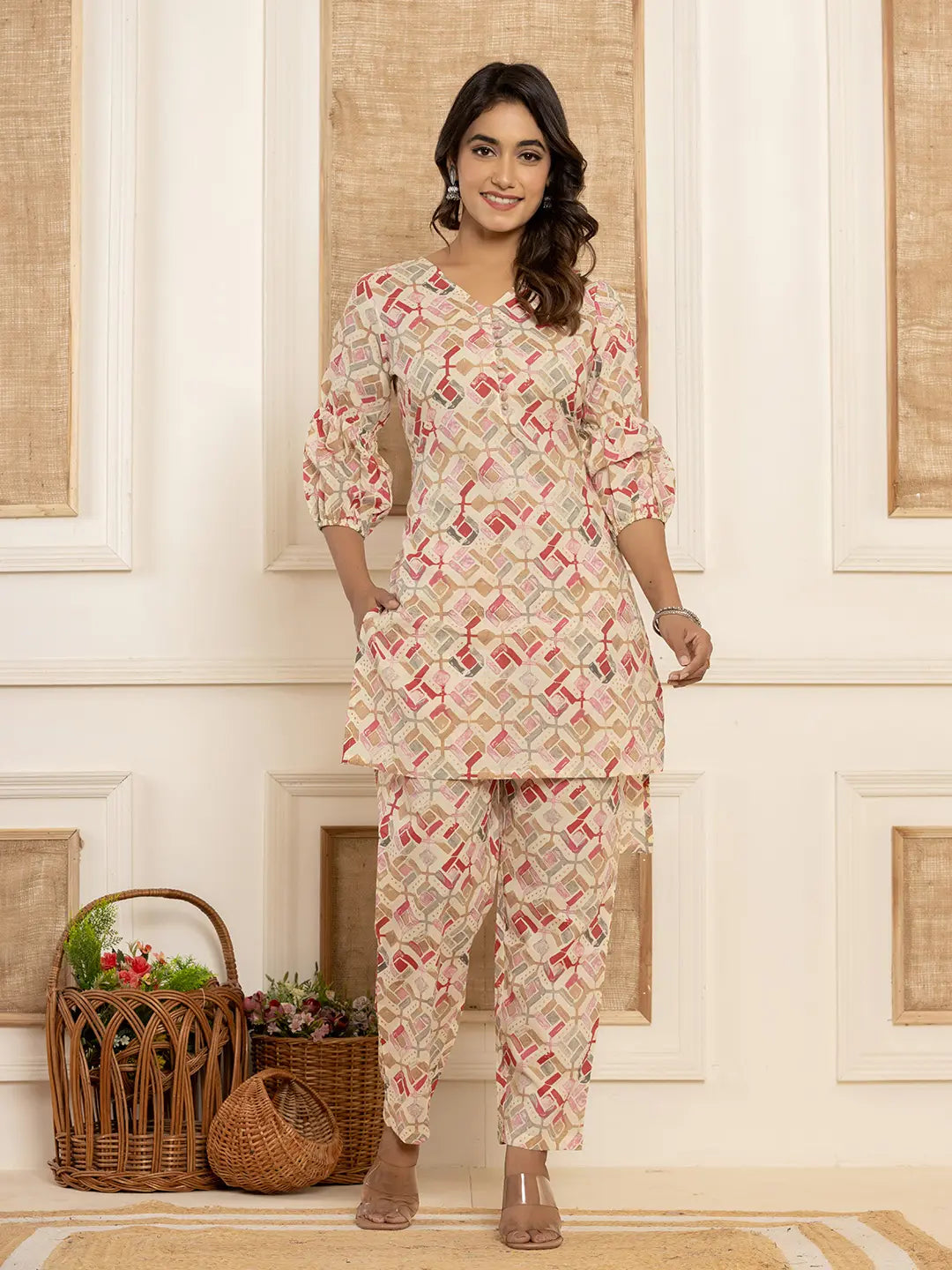 Yufta Cotton Cream Geometric Print Co-Ord Set | Grocsy