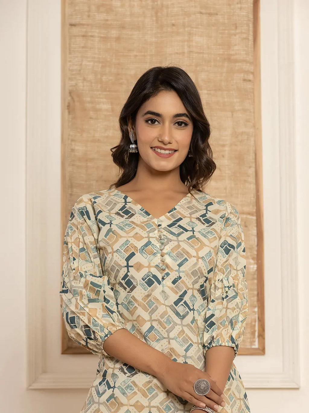 Yufta Cotton Grey Geometric Prin Co-Ord Set | Grocsy