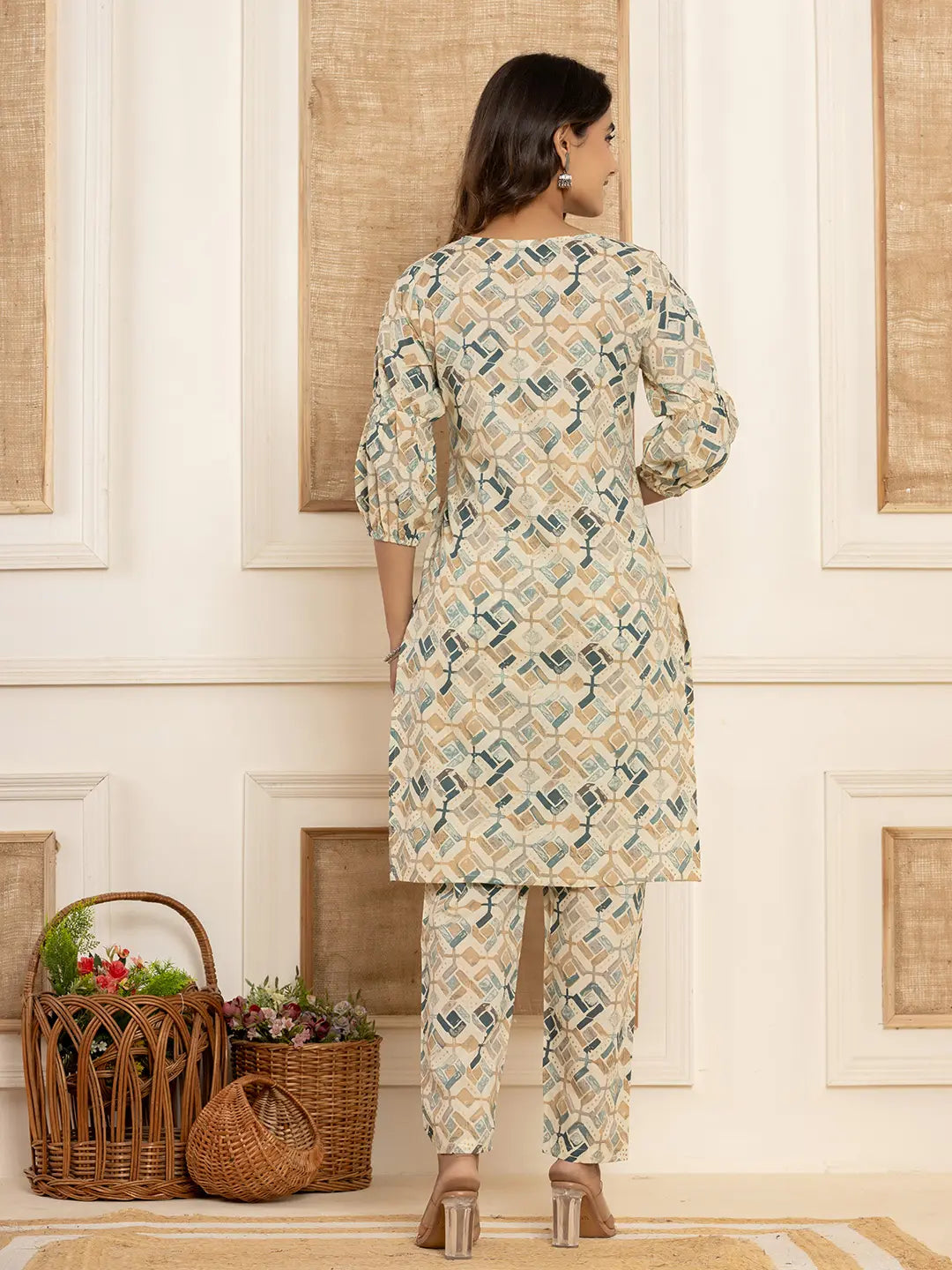 Yufta Cotton Grey Geometric Prin Co-Ord Set | Grocsy