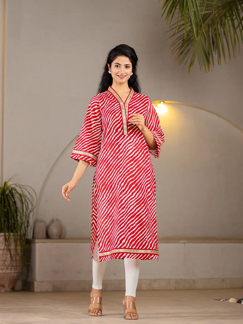 Yufta Cotton Red Leheriya Kurta | Grocsy