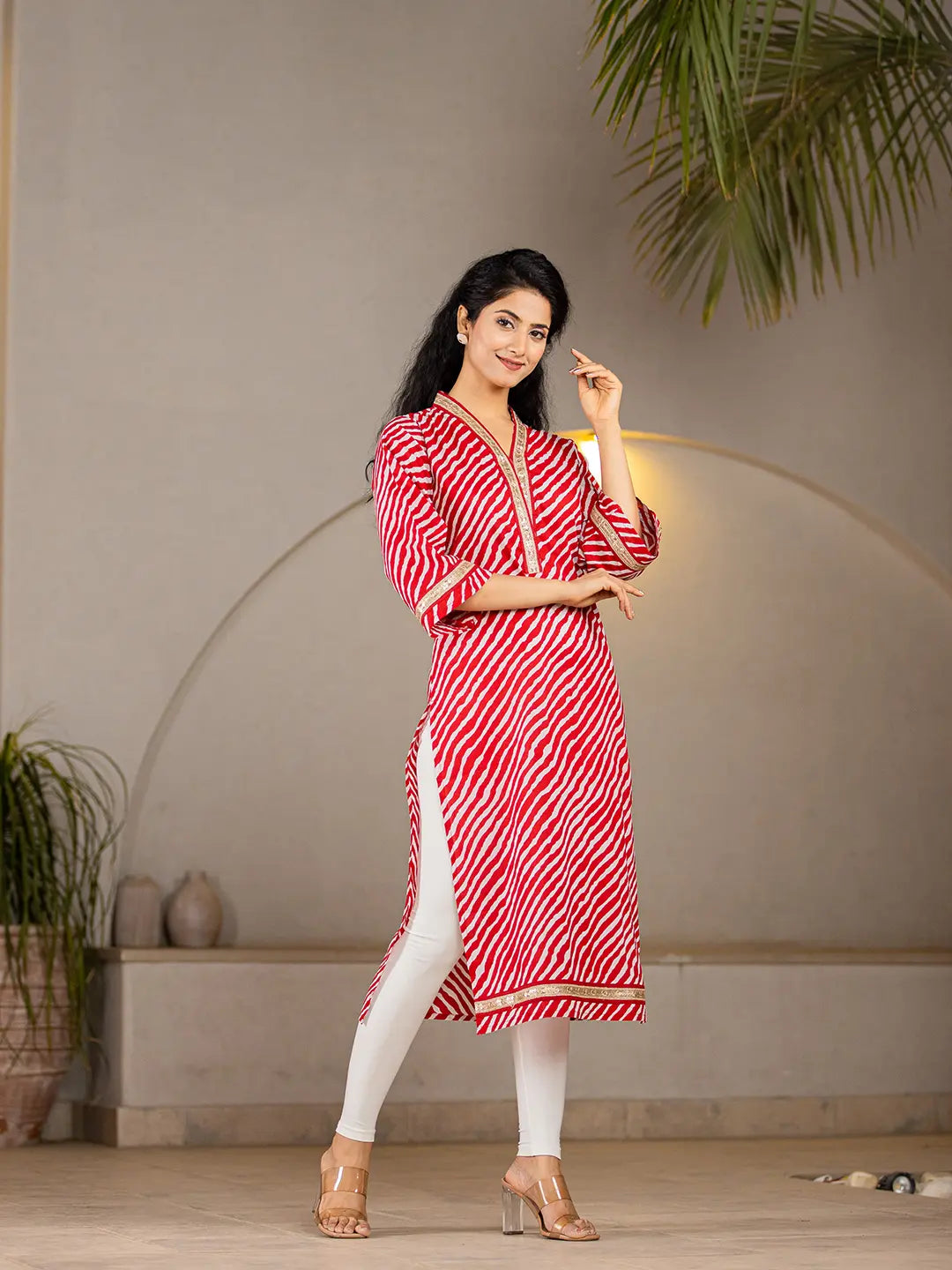 Yufta Cotton Red Leheriya Kurta | Grocsy