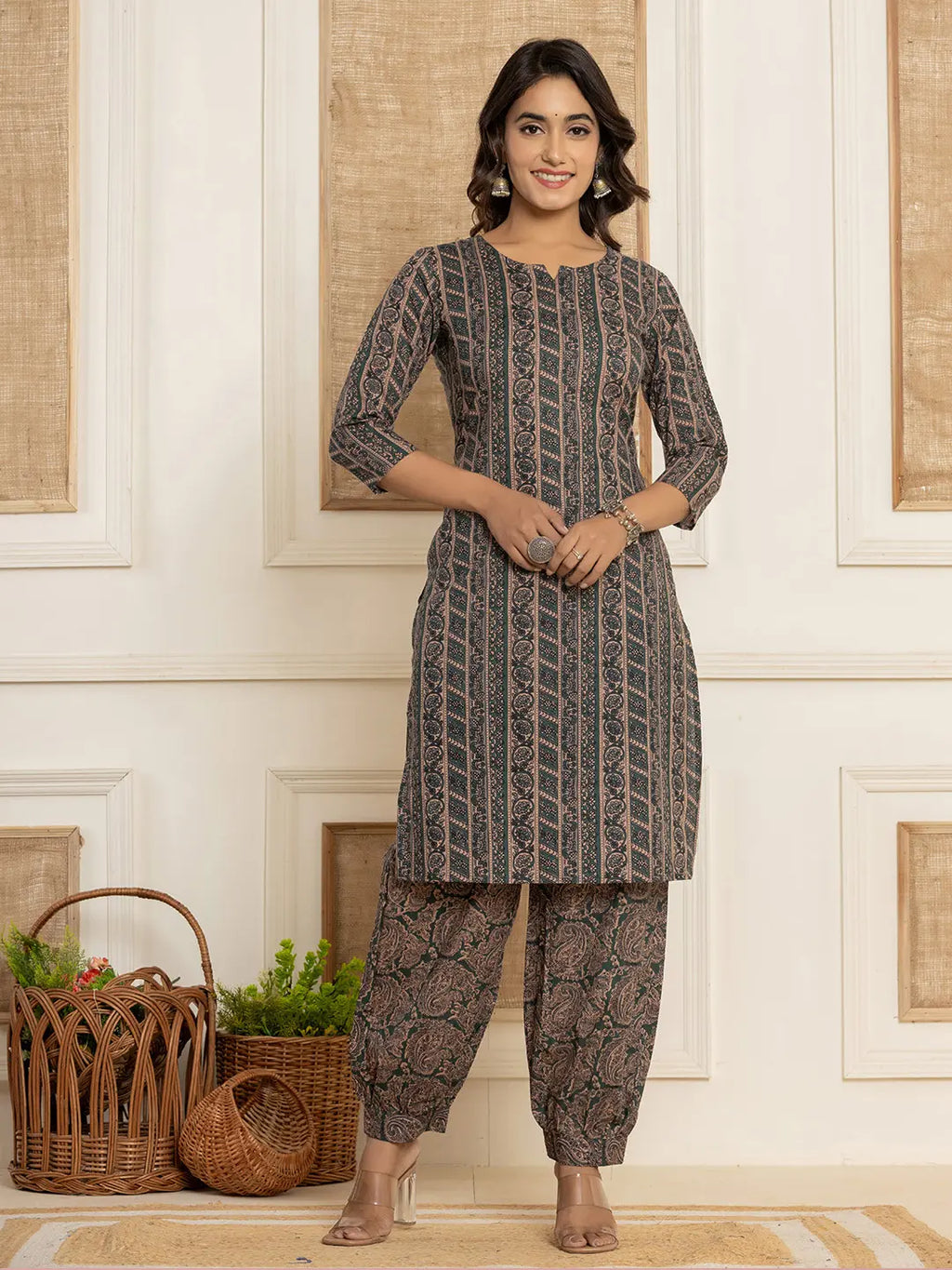 Yufta Cotton Teal Green Workwear Kurta Set With Comfortable Harem Pants | Grocsy