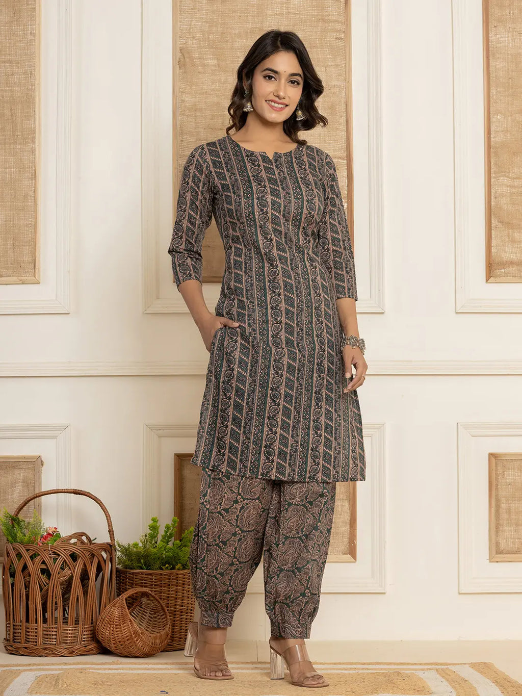 Yufta Cotton Teal Green Workwear Kurta Set With Comfortable Harem Pants | Grocsy