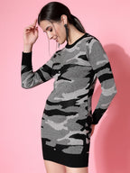 Women Black Acrylic Camouflage Knit Winter Dress - Wool Trees | Grocsy