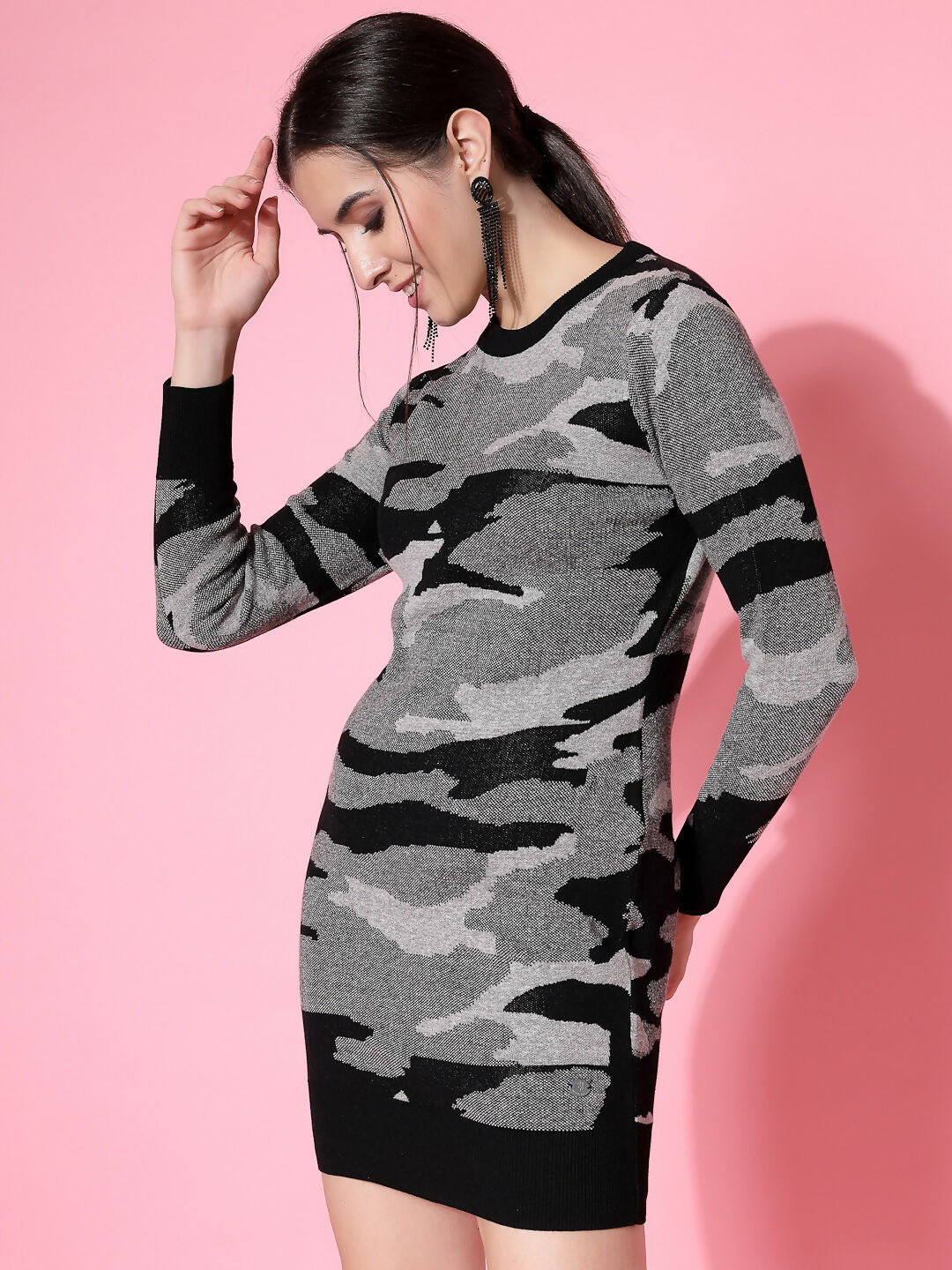 Women Black Acrylic Camouflage Knit Winter Dress - Wool Trees | Grocsy