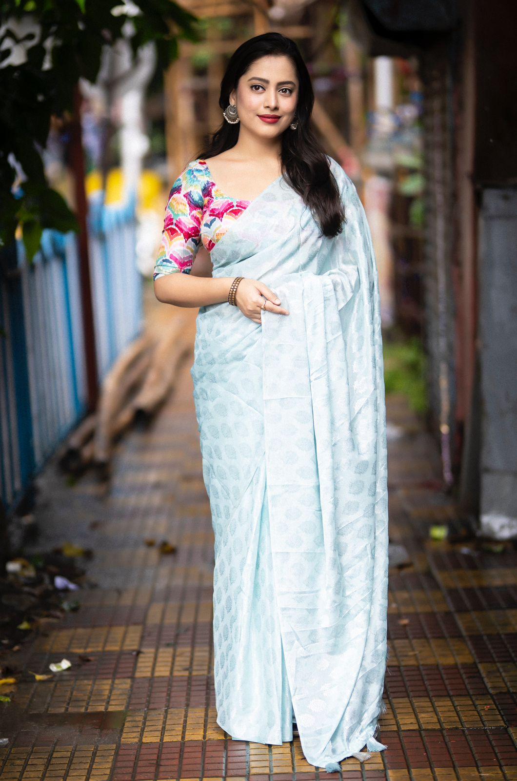 Blue Poly Crepe Ethnic Motifs Saree with Unstitched Blouse - A2M | Grocsy