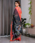 PR Fashion Black Pure Handloom Linen Saree | Grocsy