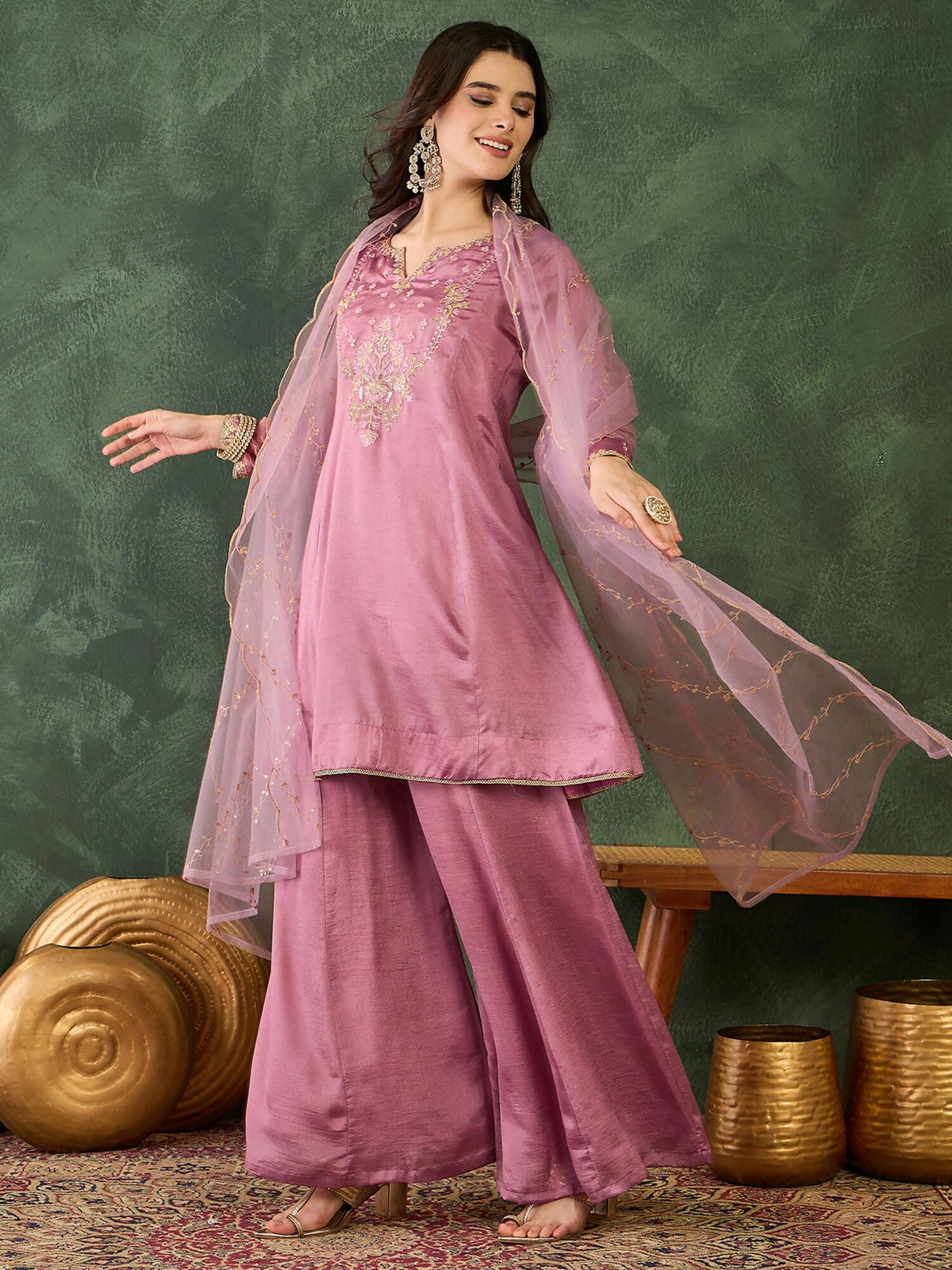 The52 Women's Gorgeous Embroidery Work Viscose Silk Fabric A-line Kurta Sharara and Dupatta Set-Onion | Grocsy