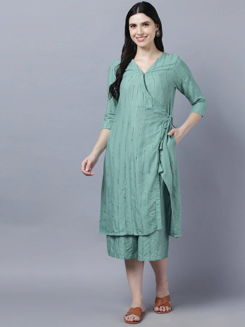 Myshka Women's Stylish Green Cotton 3/4 Sleeve Kurta Palazzo Set | Grocsy