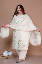 Miravan Women's Plus Size Cream Ethnic Motifs Hand Block Cotton Pakistani Kurta Palazzo With Dupatta | Grocsy