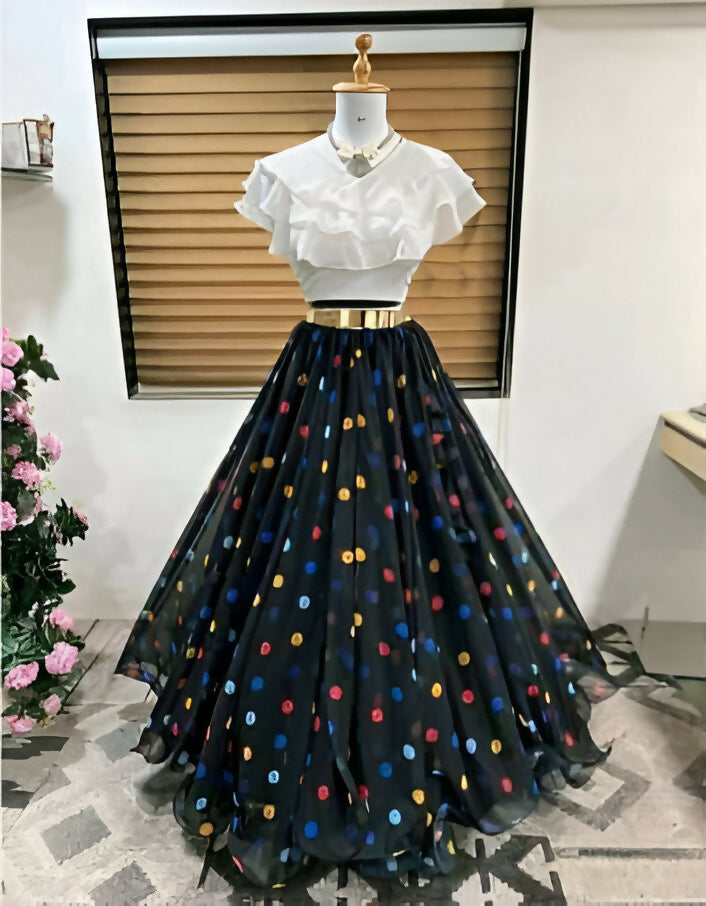 Dishitha Creation Color Dot Printed Stitched Lehenga & Crop Top - White & Black | Grocsy