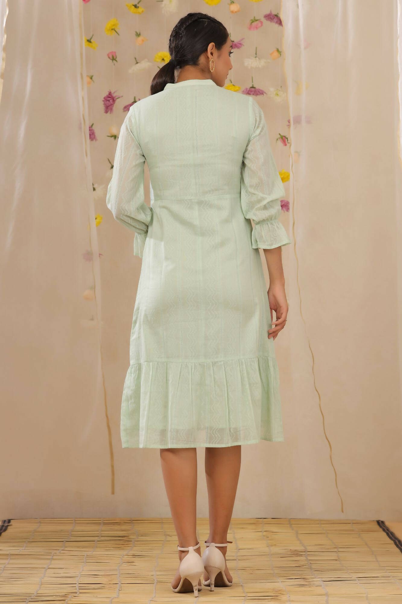 Juniper Women Sagegreen Cotton Dobby Woven Design A-Line Dress | Grocsy