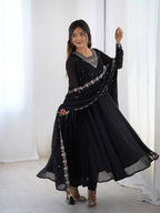 Teeya Creation Black Color Pure Soft Georgette Embroidery Work Gown | Grocsy