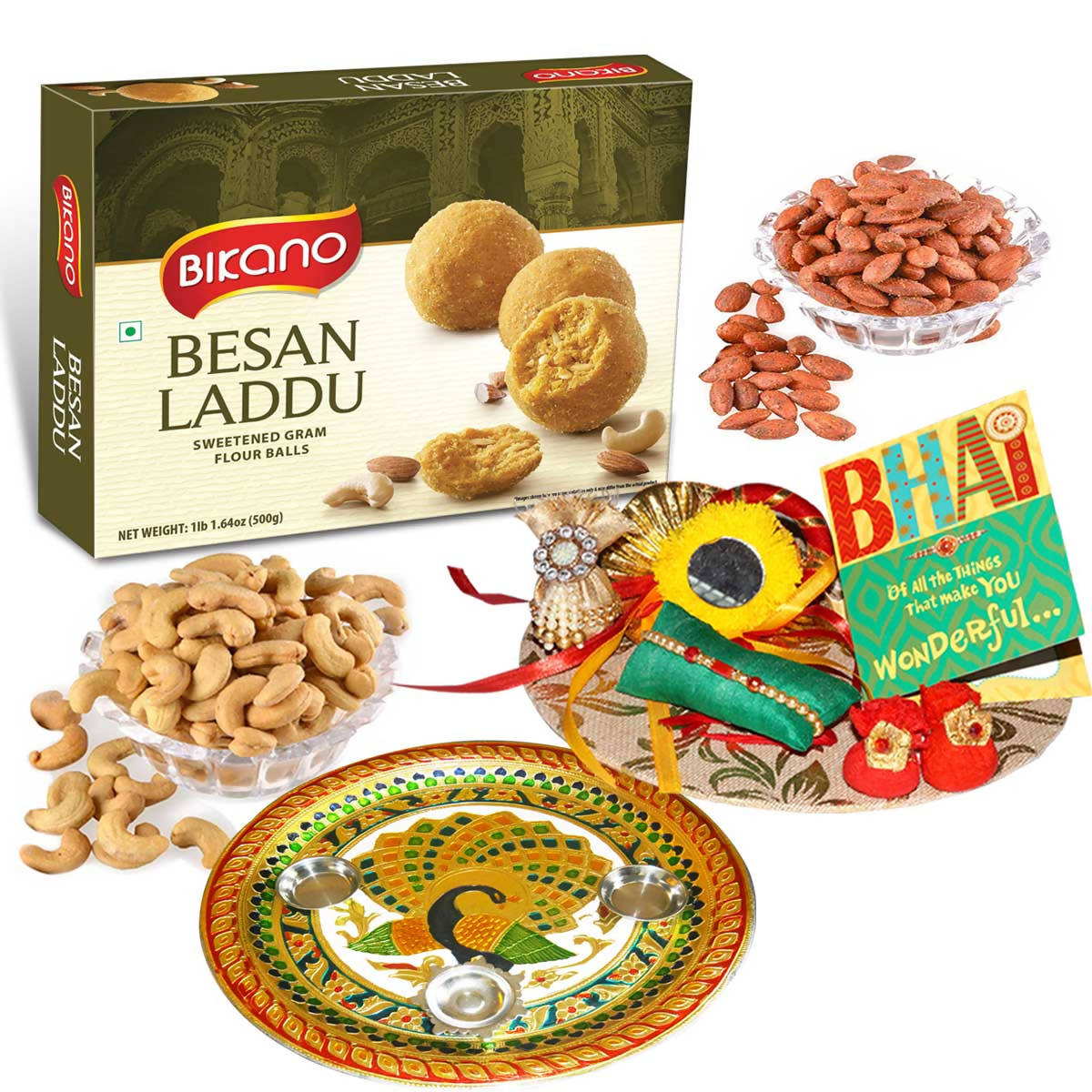 Bikano Besan Laddoo and Dryfruits Rakhi Puja Thali Gift | Grocsy