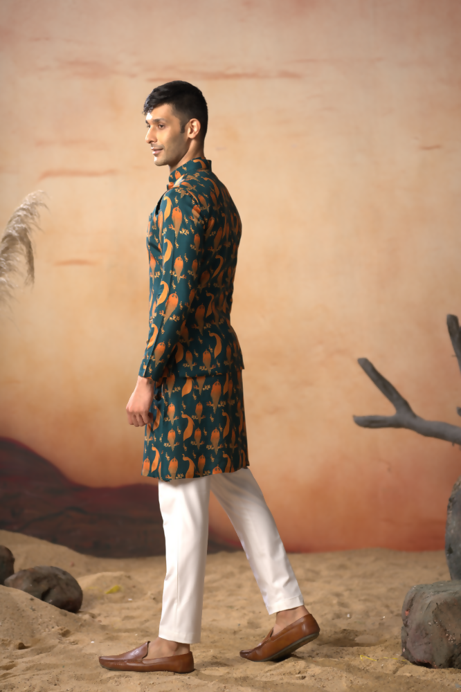 Peacock Oasis Nehru Jacket Set With Orange Hues by Hilo Design | Grocsy