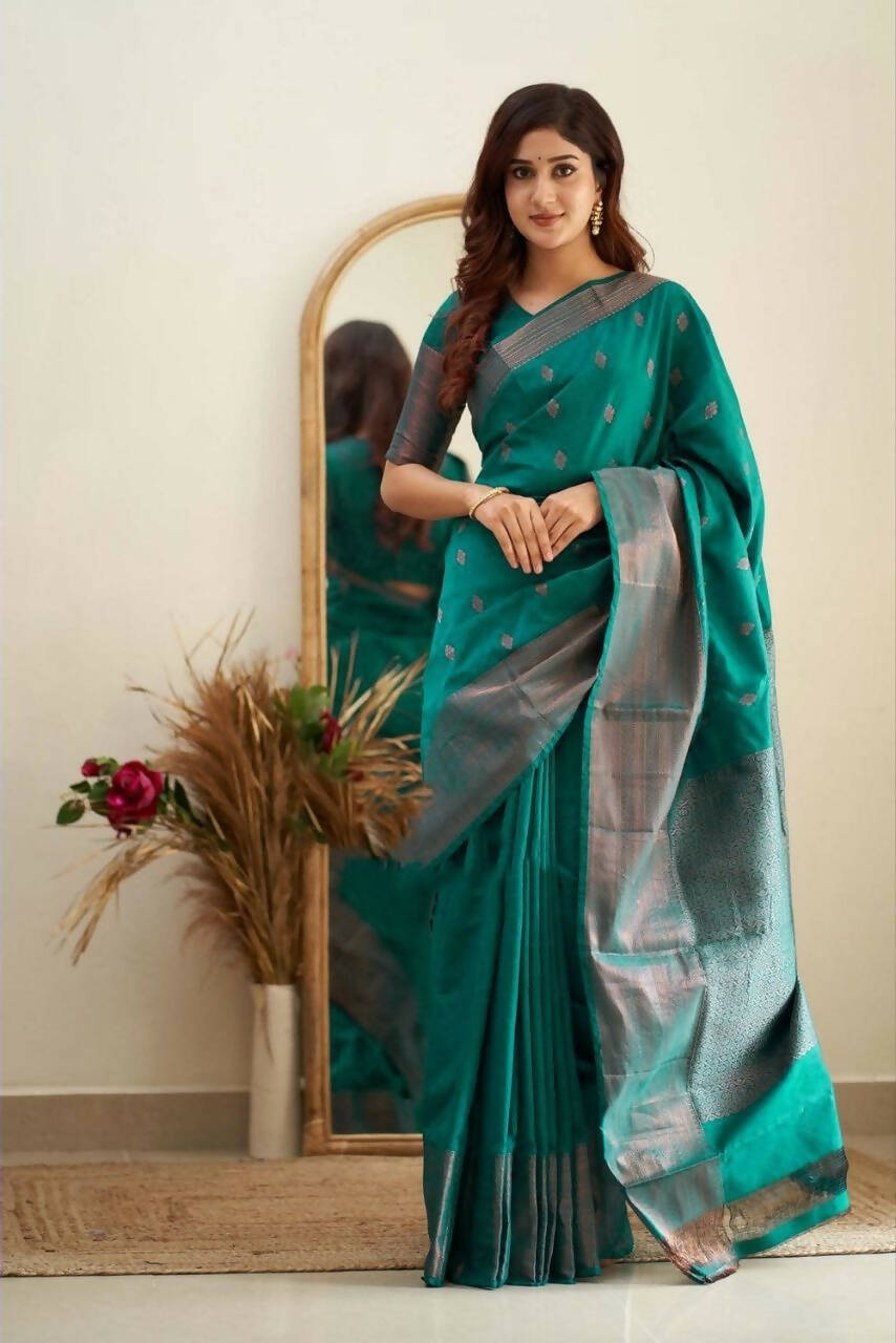 DEIANA'S Beautiful Designer Golden zari Soft Lichi Silk Saree - Rama | Grocsy
