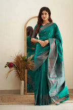 DEIANA'S Beautiful Designer Golden zari Soft Lichi Silk Saree - Rama | Grocsy